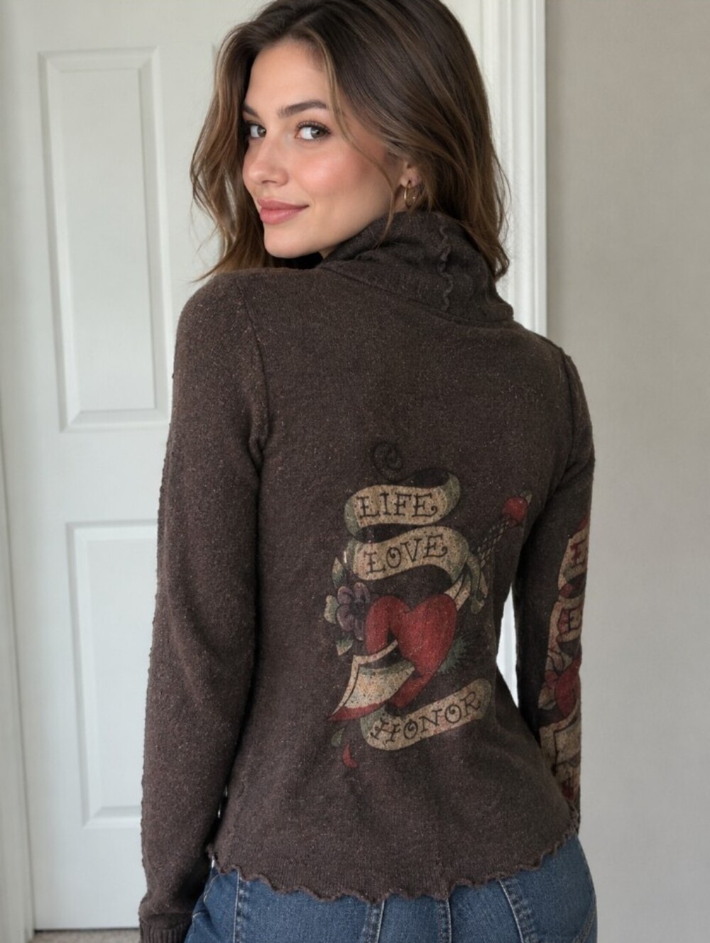 Ed Hardy Brown Hooded Wool Sweater with Vintage Heart Banner Graphic Large